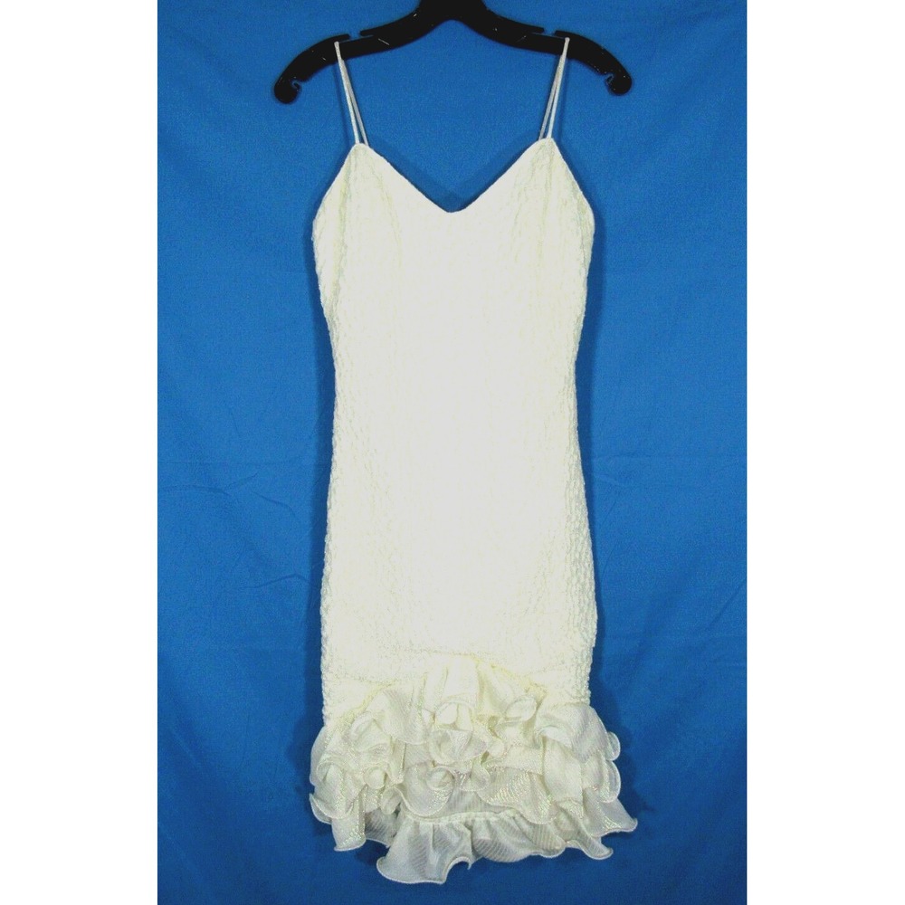 VTG NEW LEAF Metallic/Ivory CRINKLE MESH Ruffle Hem Cocktail Party DRESS 9/10